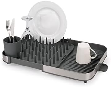 Joseph Joseph Duo Expanding Dish Drying Rack with Removable Silverware Holder, Draining Spout, Stainless Steel