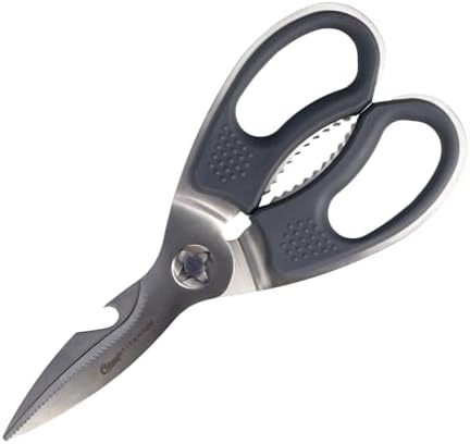 Kitchen Scissors Titanium Nitride Coated Grey | Soft Grip Household Scissors with Micro-Serrated Blades | Extra Hard & Removable Blades | Poultry Scissors, Herb Scissors, Pizza Scissors | CL