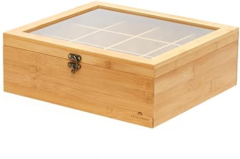 Natural Bamboo Tea Storage Organizer, Clear Acrylic Top, 12 Compartments