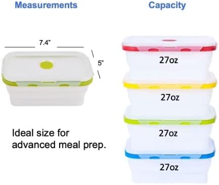 ECOBERI Collapsible Food Storage Containers, Silicone 4 Piece 27 oz Set, BPA-Free Meal Prep Containers with Airtight Lids, Space-Saving, Freezer and Dishwasher Safe