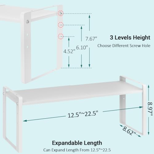2 Pack Expandable Cabinet Organizer Shelves, 88lbs High Weight Capacity, Stackable Heavy-Duty Metal Storage Rack, Adjustable Cabinet Shelf for Kitchen, Pantry, Cupboard, Under Sink, White