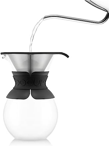 34oz Pour Over Coffee Maker, High-Heat Borosilicate Glass with Reusable Stainless Steel Filter and Black Band Grip - Made in Portugal