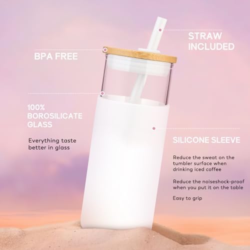20 oz Glass Tumbler with Lids and Straws, Reusable Iced Coffee Cups