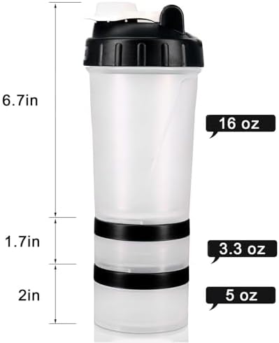 Hydro2Go 16oz Protein Shaker Bottle with Shaker Ball and 2 Storage Jars | BPA-Free Plastic Cup with Clear Measurement Scale | Perfect for Protein Mixes and Pills | Portable Pre-Workout Drink Cup Black - Image 3