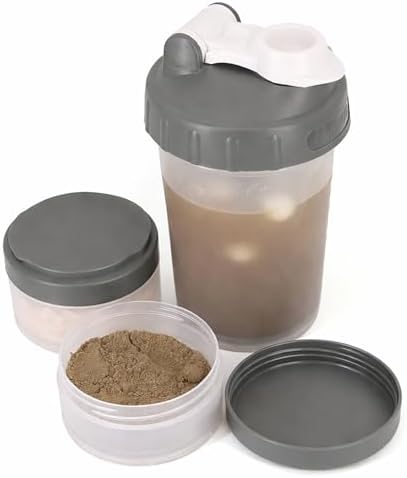Hydro2Go 16oz Protein Shaker Bottle with Shaker Ball and 2 Storage Jars | BPA-Free Plastic Cup with Clear Measurement Scale | Perfect for Protein Mixes and Pills | Portable Pre-Workout Drink Cup（Grey） by Hydro2Go