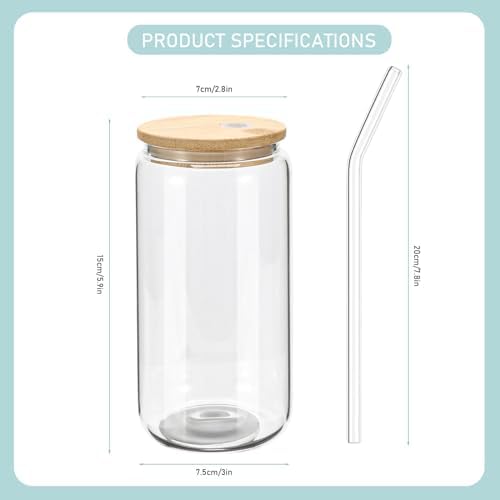 20 Pack Glass Cups with Bamboo Lids and Glass Straws 16oz Clear Glass Tumblers Beer Can Shaped Drinking Glasses Iced Coffee Cups, Cute Tea Cups for Whiskey, Soda, Cocktail, Gift