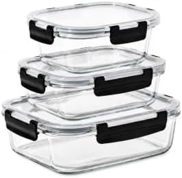 Glass Storage Containers with Lids Set of 3 | Clip-Lock Tempered Glass | Microwave Dishwasher Freezer Safe
