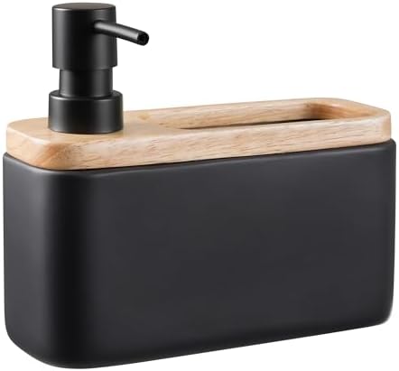2-in-1 Ceramic Soap Dispenser with Sponge Holder,Black,17 Oz