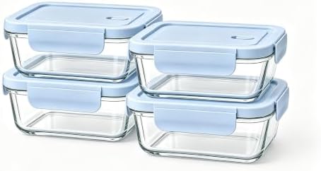 Glass Meal Prep Containers with Lids, 4 Pack 22oz, Borosilicate Glass Food Storage Containers, Leakproof Locking Lids, Microwave, Oven & Freezer Safe
