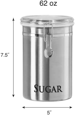 Oggi Stainless Steel Sugar Canister 62 fl oz - Airtight Clamp Lid, Clear See-Thru Top - Ideal Sugar Container for Countertop, Sugar Jar, Bulk Sugar Storage. Large Size 5" x 7.5".