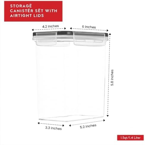 Airtight Food Storage Container Set - 8 Pieces 1.4L - Plastic BPA Free Kitchen Pantry Storage Containers with Lids - Dishwasher Safe - Include 8 Labels - Keeps Food Fresh & Dry