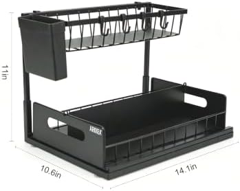 2-Tier Under Sink Organizer, Pull-Out Sliding Drawer, Heavy Duty Metal Storage Rack with Hooks, Hanging Basket & Adjustable Divider for Kitchen and Bathroom