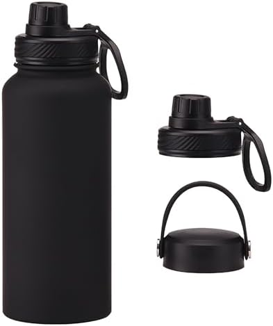 Black 32 oz Insulated Metal Stainless Steel Water Bottle 2 Lids