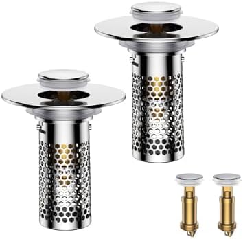 Bathroom Sink Drain Strainer,Universal Pop-Up Sink Stopper Hair Catcher, Anti-Clog Stainless Steel Drain Filter Basket, Removable Sink Drain for Bathroom Sink Stopper (YSilver-2（with Buckle）)
