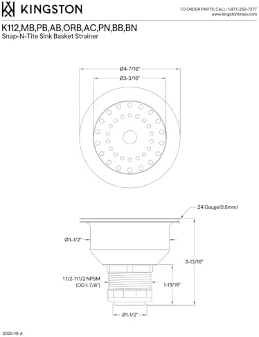 K112MB Tacoma Kitchen Sink Basket Strainer, Matte Black 4.44 x 4.44 x 3.81