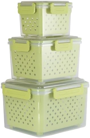 Set of 3 Fruit Storage Containers for Fridge with Removable Colander and Handle Lid, 4.6qt|2.5qt|1qt Dishwasher Microwave Safe, Keep Berry Fresh Longer (Light Green)