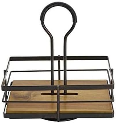 Nova Rotating Condiment Caddy, Handcrafted Iron and Acacia Wood Table Organizer with Spinning Platform and Carrying Handle, Contemporary Black Finish, 8.75 x 7 x 9.25 Inches
