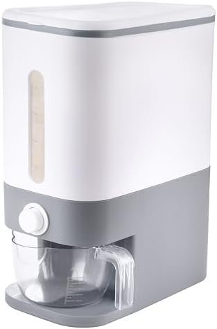 22.5-25 Lbs Gray Rice Dispenser, Rice Container with Lid, Rice Storage Container with Measuring Cup, Food Dispenser Rice Container, Storage Container for Cereal, Household Rice Bucket