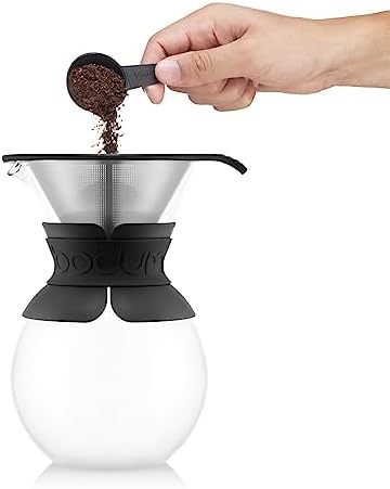 34oz Pour Over Coffee Maker, High-Heat Borosilicate Glass with Reusable Stainless Steel Filter and Black Band Grip - Made in Portugal