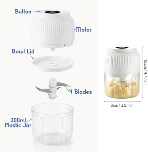 Electric Garlic Chopper, 2026 New Mini Food Processor & Food Chopper for Kitchen, Portable Cordless Garlic Mincer with 4 Stainless Steel Blades, Small Vegetable (300ML White) (White) - Image 6