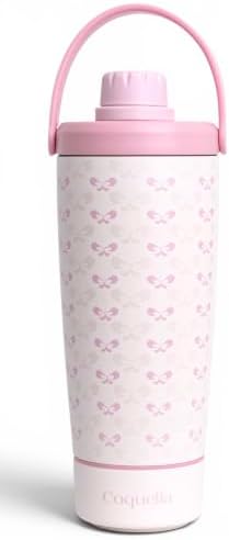 Elanelle 20oz Insulated Stainless Steel Shaker Bottle with Storage Base, Strainer Lid Protein Shaker Cup for Gym, Ball-Free Quiet Mixing, Carry Handle, BPA-Free, Pink/Cream (Cloudy Bow) by Coquella