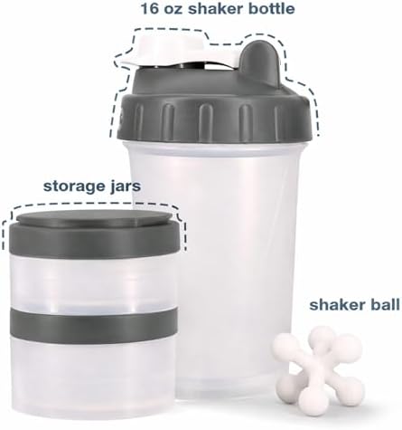 Hydro2Go 16oz Protein Shaker Bottle with Shaker Ball and 2 Storage Jars | BPA-Free Plastic Cup with Clear Measurement Scale | Perfect for Protein Mixes and Pills | Portable Pre-Workout Drink Cup（Grey） - Image 2