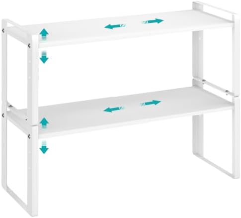2 Pack Expandable Cabinet Organizer Shelves, 88lbs High Weight Capacity, Stackable Heavy-Duty Metal Storage Rack, Adjustable Cabinet Shelf for Kitchen, Pantry, Cupboard, Under Sink, White