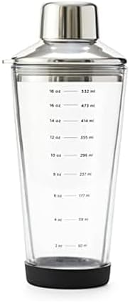 18 oz Glass Cocktail Shaker with Printed Measurements, Multi-Use Stainless Steel Topper with 1.5 oz Jigger Cap and Strainer, 3.94 x 3.54 x 9.06 IN
