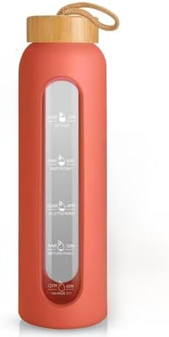 32 oz Glass Water Bottle, Time Marker with Silicone Sleeve & Lid