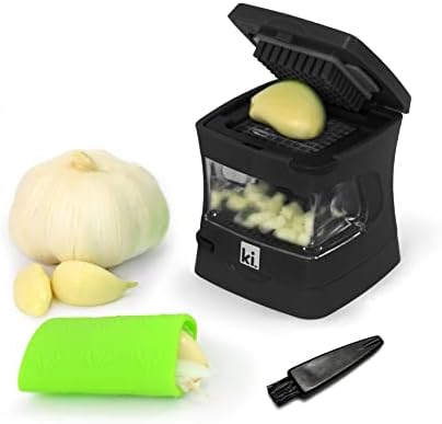 Garlic-A-Peel Garlic Press, Crusher, Cutter, Mincer, and Storage Container - Includes Silicone Garlic Peeler - Easy to Clean - Stainless Steel Blades – (Black), standard by Kitchen+Innovations