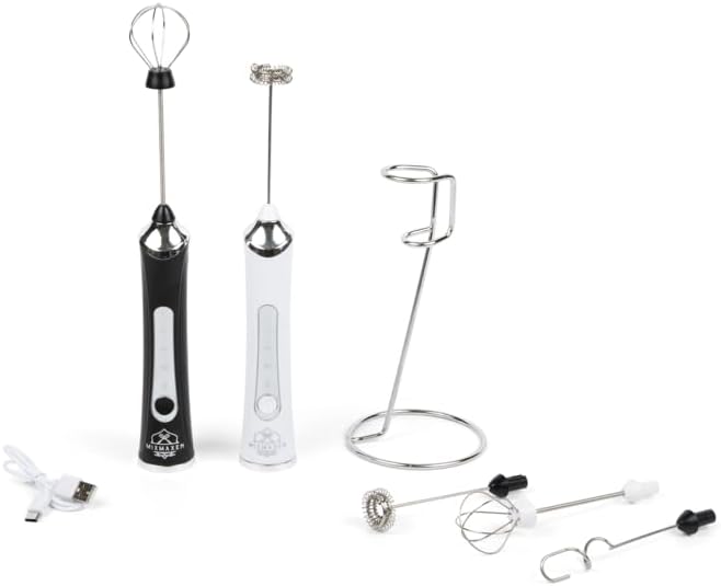 Handheld Frother Electric Whisk, Milk Foamer, Mini Blender and Electric Mixer, 3 Heads 3 Speed Adjustable, Rechargeable Hand Mixer Wand for Latte, Egg Beater, Powder Mixer, With Stand (300, White)