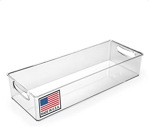 Clear Refrigerator Organizer Bin with Handles — 15 Inch Stackable Fridge and Pantry Storage Container for Snacks, Produce, Cans, Yogurt, Condiments, Dishwasher and Freezer Safe, Made in USA