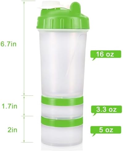 Hydro2Go 16oz Protein Shaker Bottle with Shaker Ball and 2 Storage Jars | BPA-Free Plastic Cup with Clear Measurement Scale | Perfect for Protein Mixes and Pills | Portable Pre-Workout Drink Cup（Green - Image 2