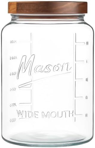 Extra Large Mason Jar - 1 Gallon Glass Wide Mouth Jar with Airtight Wooden Lid, Food Storage Container with Measurement Markings For Kitchen Pantry, Pickling, Cookies, Flour & Sugar