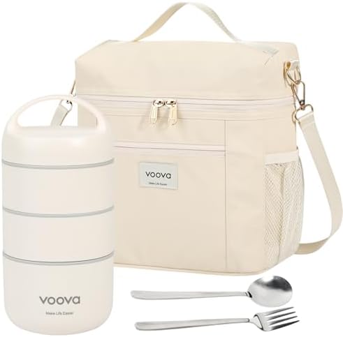 Stackable Stainless Steel Thermal Lunch Box with Lunch Bag and Cultery Set for Adult Women Men, 3 Tier Leakproof & Microwave Safe Insulated Bento Boxes Food Container for Work, Beige