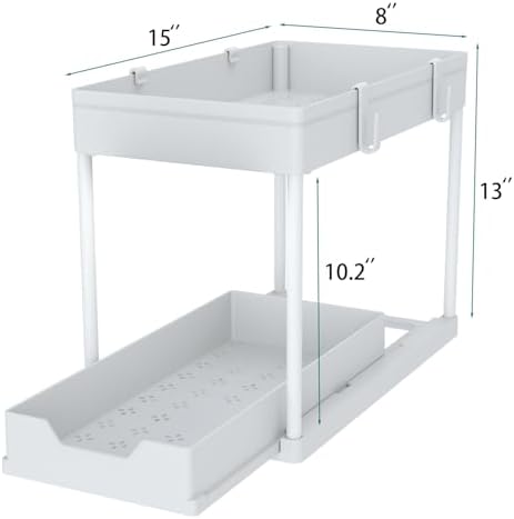 Cabinet, 2 Pack Under Sink Organizer, 2 Tier Sliding Bathroom Kitchen Organizer, Large White ABS Baskets, Easy Install & Clean
