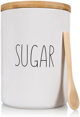 Sugar Ceramic Storage 4 Cup / 1080mL Container w/Bamboo Lid Silicone Seal & Spoon, Modern Abstract Art Design for Flour Coffee Spice Airtight Storage on Kitchen Counter Bathroom Organizer