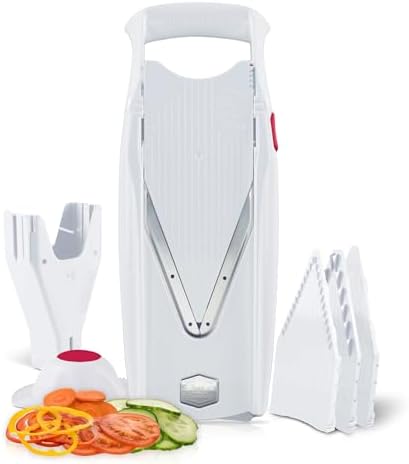 Swissmar Börner VPower V-Slicer Mandoline – Professional Kitchen Tool with Adjustable Thickness – Precision Food Slicer for Vegetables, Julienne, Shredding – Includes Safety Holder & Inserts - White by B%C3%B6rner