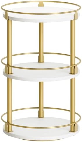 3-Tier Lazy Susan, Rotating Spice Rack, Spinning Organizer, Industrial Turntable Spice Rack for Cabinet, Kitchen Countertop, Pantry, White and Gold SR23DW