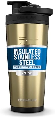 Insulated Stainless Steel Shaker Bottle | 26oz, Gold | Cold for 30+ Hours | Insulated Cup with Twist-on Agitator | Odor-Free Bottle for Protein Shakes, Water, Smoothies, Cocktails