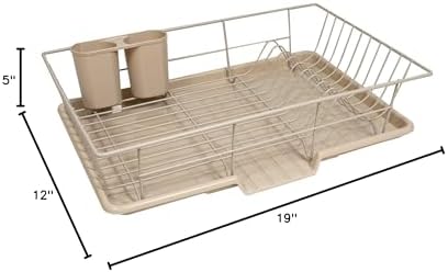 Metal, Plasic 3 Piece Dish Drainer Rack Set with Drying Board and Utensil Holder, 17" x 12" x 5", Beige