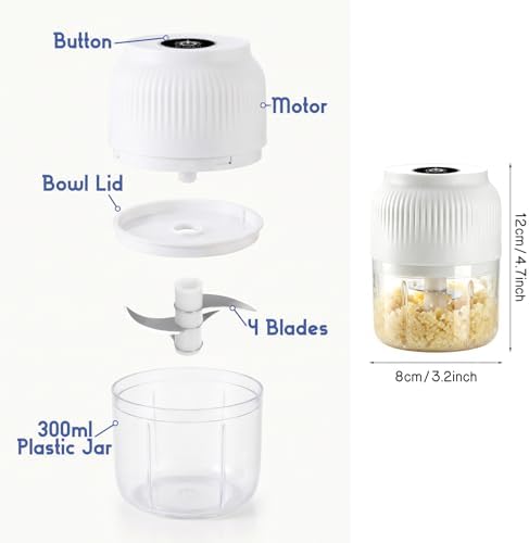 Electric Garlic Chopper, 2026 New Mini Food Processor & Food Chopper for Kitchen, Portable Cordless Garlic Mincer with 4 Stainless Steel Blades, Small Vegetable Chopper for Onion Salad (300ML White) - Image 5