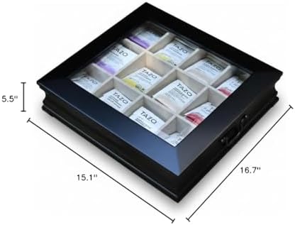 Tea Chest 12 Compartments Tea Bag Large Storage Box with Beveled Glass Lid
