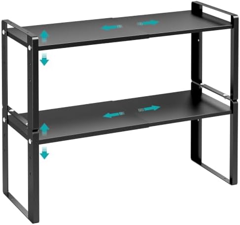 2 Pack Expandable Cabinet Organizer Shelves, 88lbs High Weight Capacity, Stackable Heavy-Duty Metal Storage Rack, Adjustable Cabinet Shelf for Kitchen, Pantry, Cupboard, Under Sink, Black