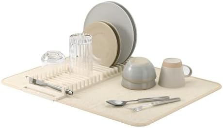 Udry Dish Drying Rack with Mat, Folds Flat for Storage, Linen