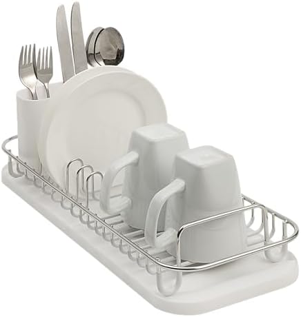 304 Stainless Steel NeverRust Compact Dish Drying Rack with Utensil Holder & Removable Drain Tray, Rustproof Small Dish Rack for Kitchen Countertop or Over Sink (Metallic Silver, Compact)