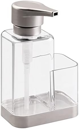 Modern Plastic Kitchen Sink Countertop Liquid Hand Soap Dispenser Pump Bottle Caddy with Storage Compartment - Holds and Stores Sponges, Scrubbers and Brushes - Clear/Brushed