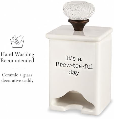 Ceramic Tea Bag Caddy, White Tea Bag Dispenser with Glass Knob Lid