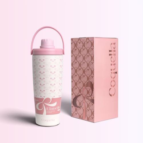 Elanelle 20oz Insulated Stainless Steel Shaker Bottle with Storage Base, Strainer Lid Protein Shaker Cup for Gym, Ball-Free Quiet Mixing, Carry Handle, BPA-Free, Pink/Cream (Cloudy Bow) - Image 5
