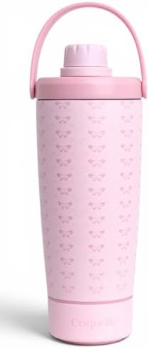 Elanelle 20oz Insulated Stainless Steel Shaker Bottle with Storage Base, Strainer Lid Protein Shaker Cup for Gym, Ball-Free Quiet Mixing, Carry Handle, BPA-Free, Pink (Candy Bow) by Coquella